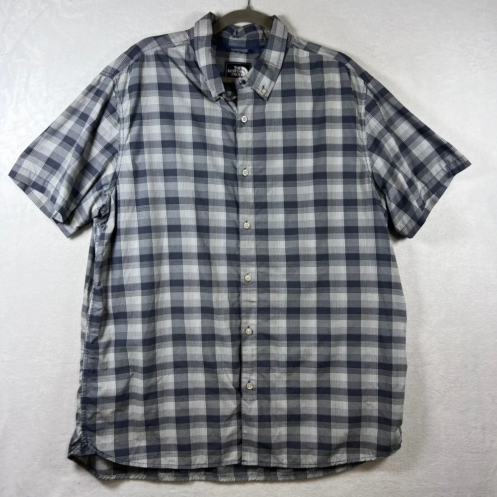 The North Face Mens XXL Blue Plaid Nylon Short Sleeve Button Down Hiking Shirt